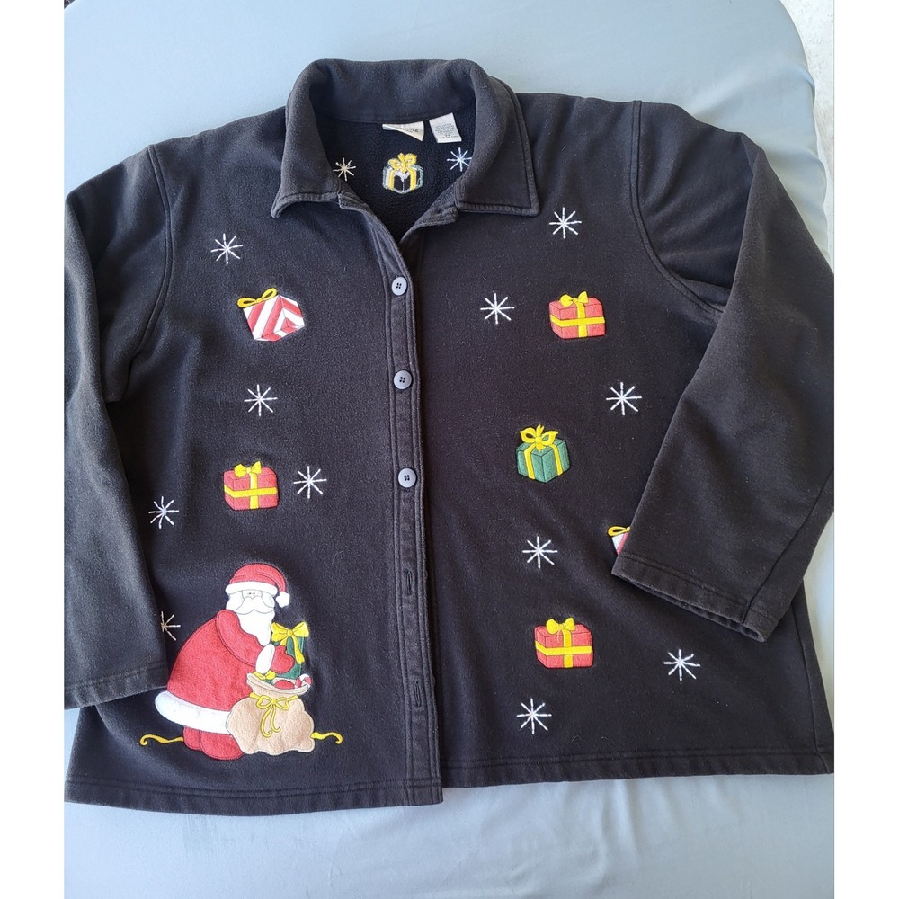 Baxter & Wells Women's Black Christmas Embroidered Fleece Jacket 2X Pockets